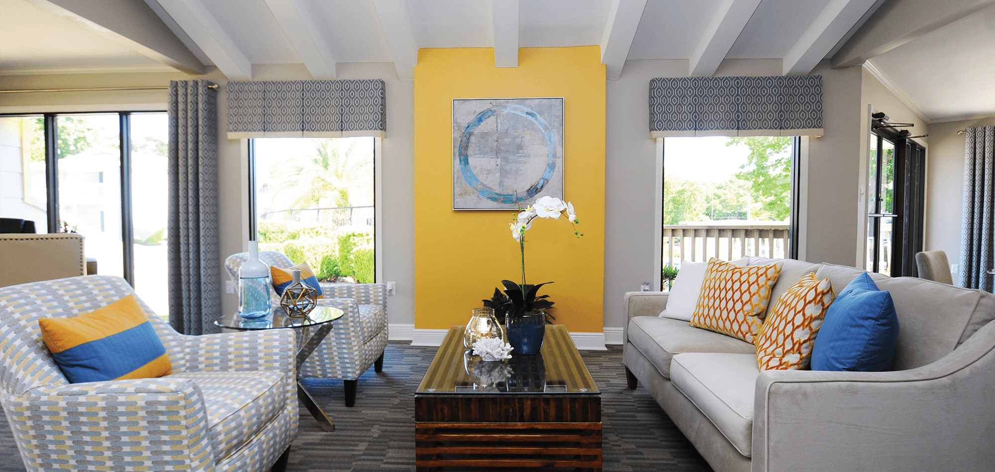 The Clubhouse at the 701 South apartments showing beautiful decor and large bright windows