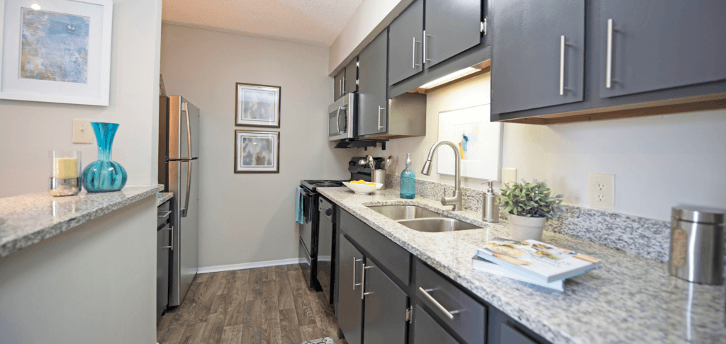 Kitchen view of 701 South apartments with dark cabinets and granite countertops