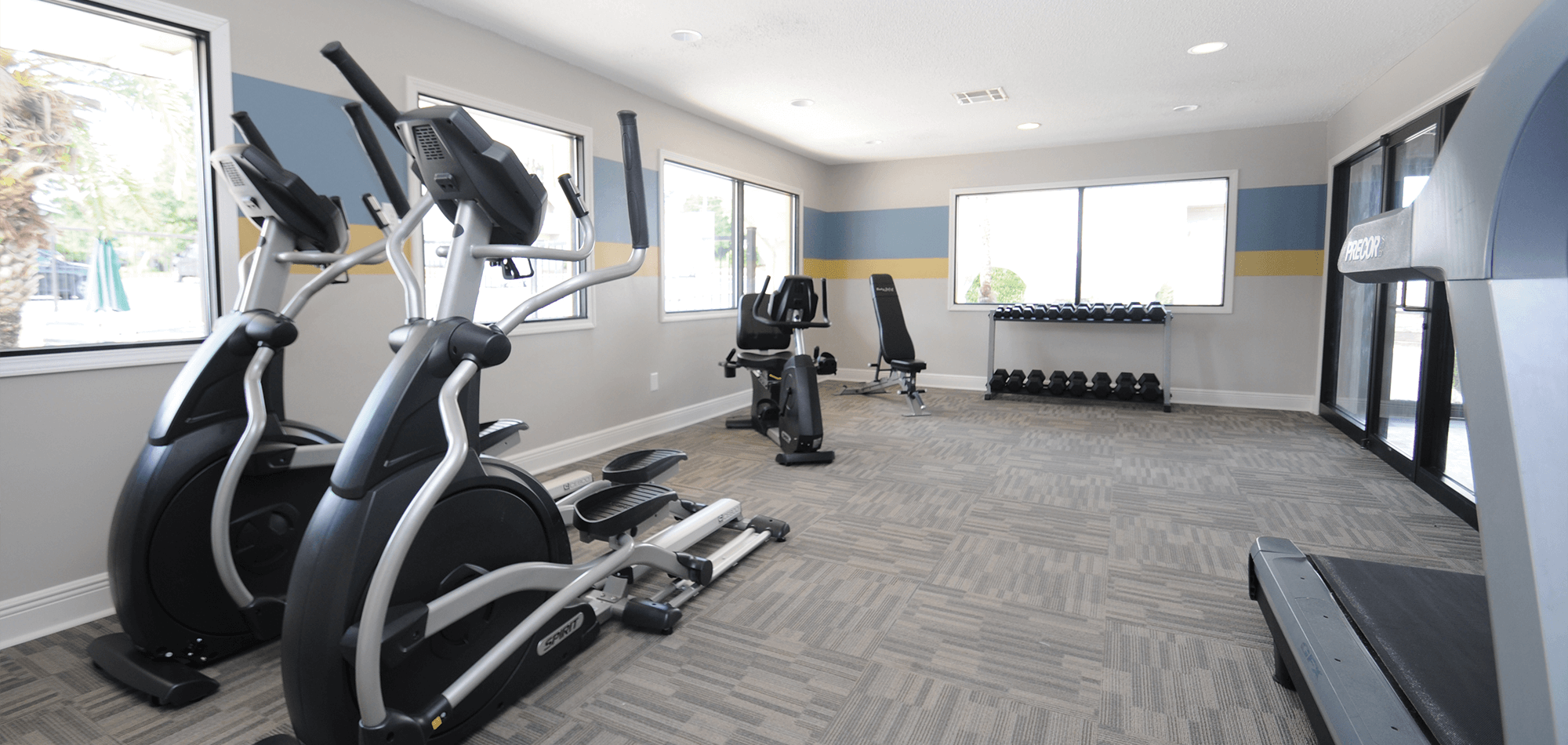 Community workout room at 701 South apartments showing the treadmill, elliptical machines and weights